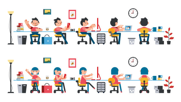 上班族的行为方式多种多样很多场景，坐着工作。矢量集插图。图片下载