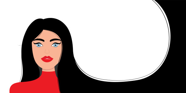 女人的肖像。黑色的长发。少女的脸。漂亮的女士，女性。头发的发型。社交网络的化身。红色口红化妆。行横幅。平面设计。白色背景。图片下载