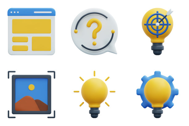 设计思维三维矢量图标集。定义，布局，询问，构思，构思，形象。孤立在白色背景上。3d图标矢量渲染插图。图片下载