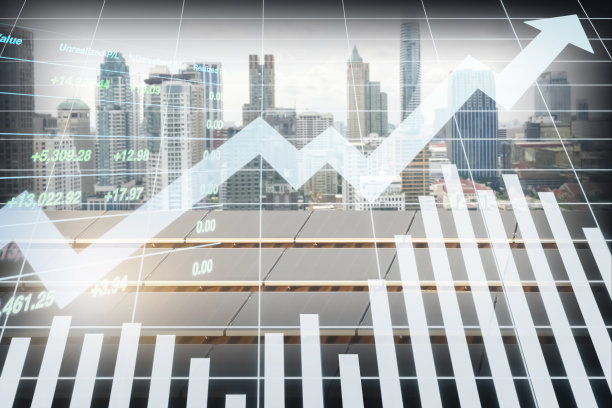 股票财务指数显示值得投资的可持续太阳能技术的图形，图表，烛台和箭头向上的太阳能电池板为商业商业背景使用。图片下载