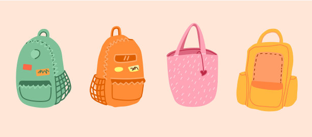 返校:一套学习用的书包。矢量平面插图图片下载