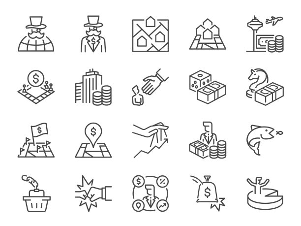大富翁图标集。它包括反垄断，财富，富人，资产和更多的图标。可编辑的矢量描边。图片下载