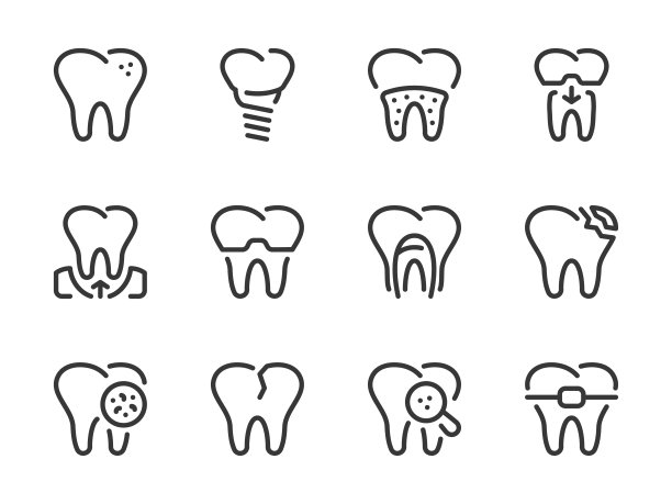 牙齿和牙齿护理矢量图标集。图片下载