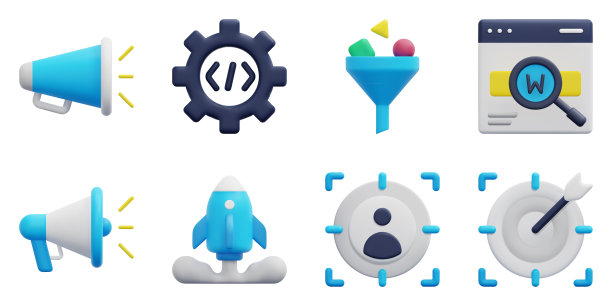 Seo和营销三维矢量图标集。扩音器，编码，过滤器，关键词，扩音器，启动，目标营销，目标。孤立在白色背景上。3d图标矢量渲染插图。图片下载