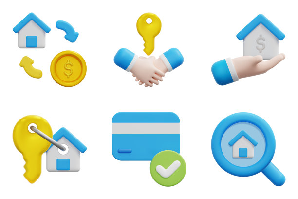 出租物业3d矢量图标集。信用，交易，钥匙，房子，房产，搜索。孤立在白色背景上。3d图标矢量渲染插图。图片下载