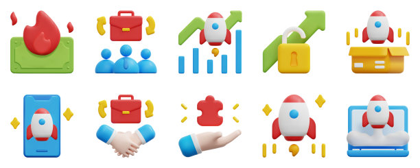 启动3d矢量图标集。燃烧，商业，图表，增长，发布，移动，合作，拼图，火箭，创业。孤立在白色背景上。3d图标矢量渲染插图。图片下载
