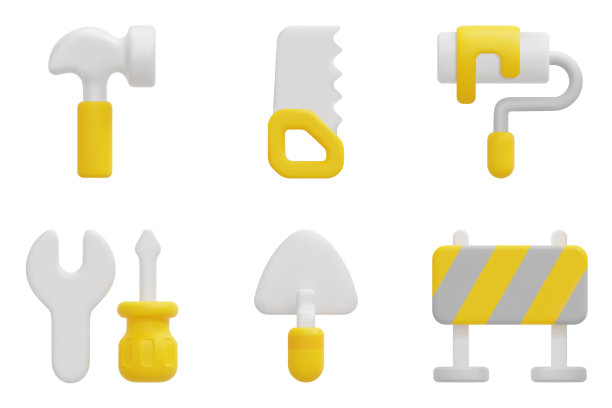 构建三维矢量图标集。锤子，手锯，油漆滚筒，支架，镘刀，施工中。孤立在白色背景上。3d图标矢量渲染插图。图片下载