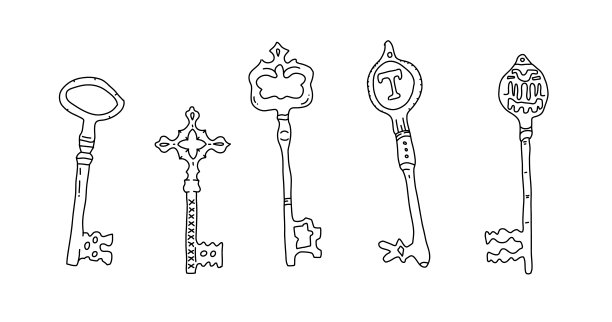 复古钥匙涂鸦收藏。一套不同的手绘旧钥匙。图片下载
