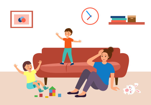 疲惫的妈妈在平面设计中与顽皮的孩子们一起疲惫。图片下载