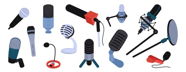 麦克风设置，孤立的麦克风复古风格。现代音频娱乐设备，记录播客或采访的工具，体面的矢量元素图片下载