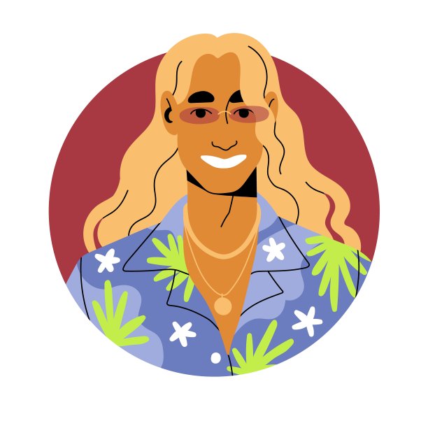 留着长发的时尚男士，头像。戴着墨镜，夏威夷衬衫，戴着配饰的时髦酷小伙。圆形头像。平面矢量插图隔离在白色背景图片下载