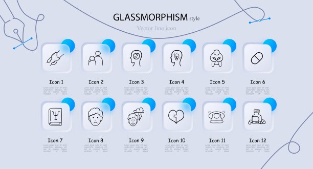 一组代表克服抑郁的矢量图标，具有与韧性相关的各种符号和插图。Glassmorphism风格。矢量线图标图片下载