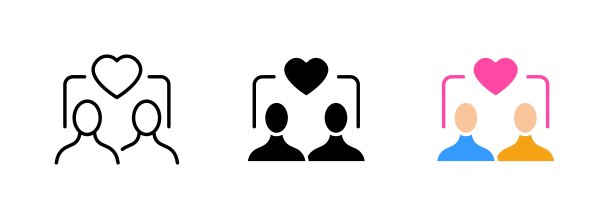 一对情侣的心形图案，通常用来代表爱情、浪漫或浪漫关系。矢量集的图标在线，黑色和彩色风格隔离。图片下载