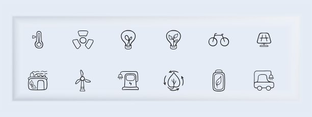 一组代表生态能量的矢量图标。可再生能源，可持续发展，绿色能源，太阳能。矢量黑色集合图标图片下载