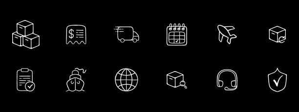 一套国际快递图标。包裹，包裹，地球仪，运输，航运。物流的概念。黑色背景。矢量12线图标图片下载