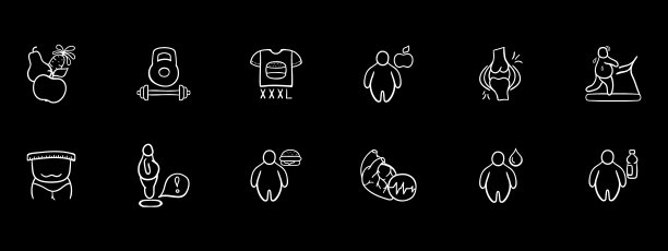 减肥图标。健康的生活方式，健身，营养，运动，体重管理，节食，健康，身体改造，健康饮食。矢量白色集合图标图片下载