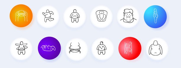 肥胖支持图标。体重管理，健康生活方式，营养指导，身体活动，个性化饮食计划。矢量线图标图片下载