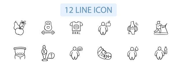 减肥锻炼图标。健身，体育锻炼，燃烧脂肪，体重管理，有氧训练，力量训练。矢量12线图标图片下载