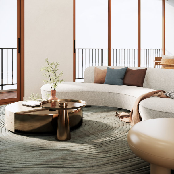 现代风格的客厅内部装饰有曲线造型的沙发，灰色地毯上的茶几。三维渲染模拟公寓房间拍摄特写图片下载