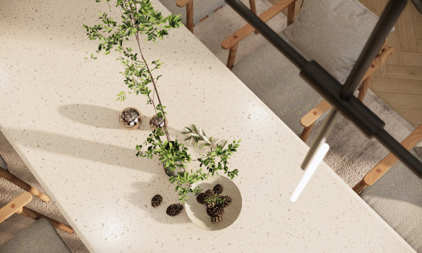 现代日式风格的餐桌和木椅俯视图。3d渲染桌面装饰的植物枝花瓶从窗户的阳光图片下载