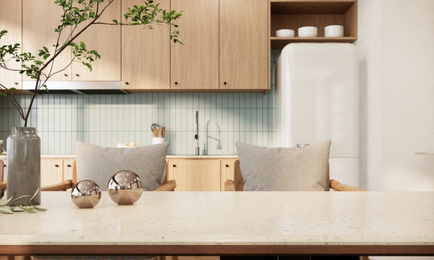 近距离厨房和餐厅的室内设计和装饰具有现代日本风格。3d渲染最小的厨房柜台和橱柜。公寓内部图片下载