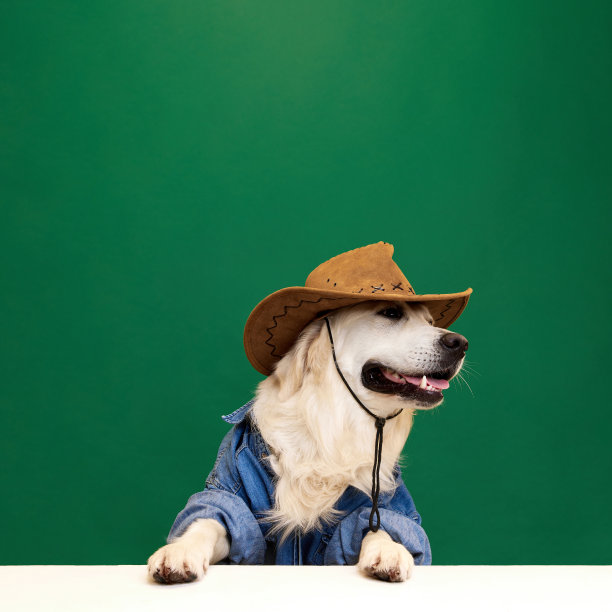 美丽的，积极的，纯种狗，金毛猎犬戴着牛仔帽在绿色的工作室背景。农村看看图片下载