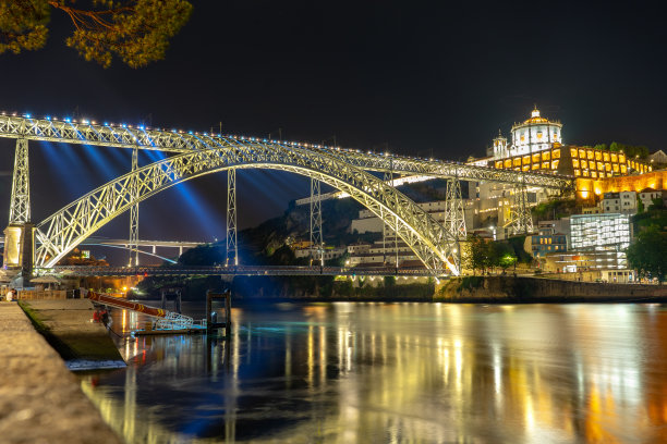 多姆路易斯大桥的灯光秀在波尔图河畔的杜埃罗河城市景观的夜晚图片下载