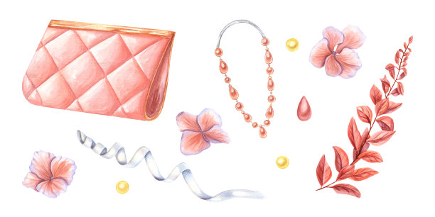 一套女性配饰，花，白色缎带。手包，珍珠首饰，绣球花，抽象植物。水彩插图孤立的白色背景。婚礼设计图片下载