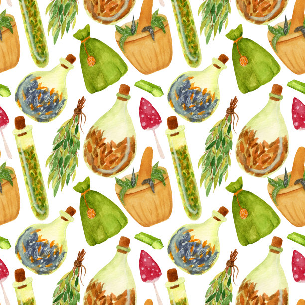 水彩无缝图案，神奇的各种药瓶，药臼，药袋在白色的背景。图片下载