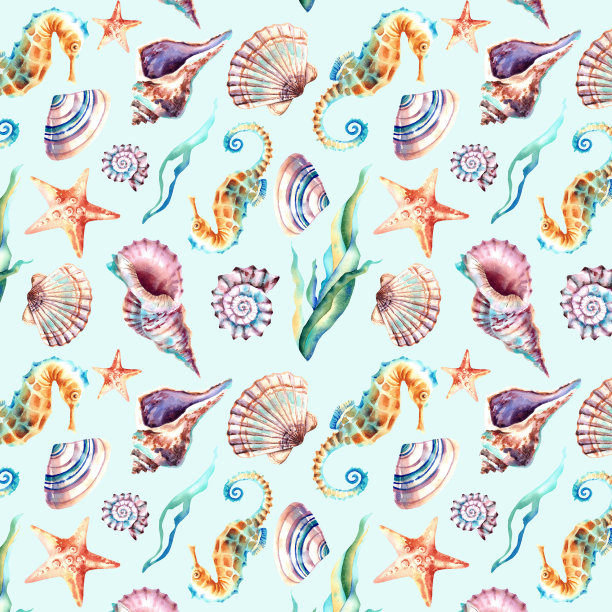 海洋动物的无缝图案。贝壳，海马，海星。水彩插图。背景。拼贴画。图片下载
