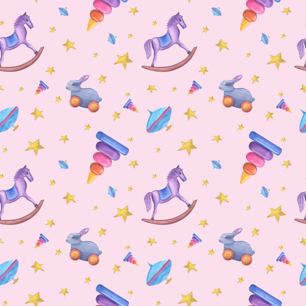 水彩无缝图案的儿童木制玩具孤立在粉红色的背景。可爱的金字塔插图，木马，旋转的陀螺，兔子。印刷儿童服装，剪贴簿，包装，时尚。图片下载