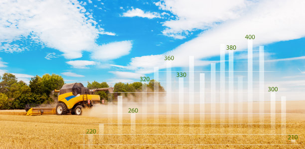 全球粮食和小麦危机。分析数据和增长图表。商业烛台图表。全球小麦和面粉价格上涨。联合收割机收割小麦。农业经营理念图片下载