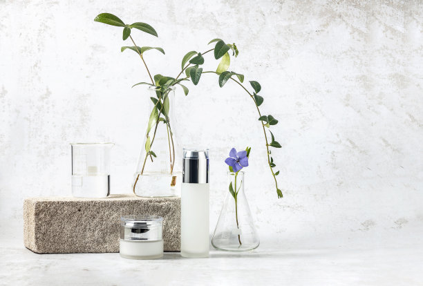 天然化妆品概念。化妆品瓶子和实验室的烧瓶，上面有一根长春花的小枝，放在灰色背景上的石头基座上图片下载