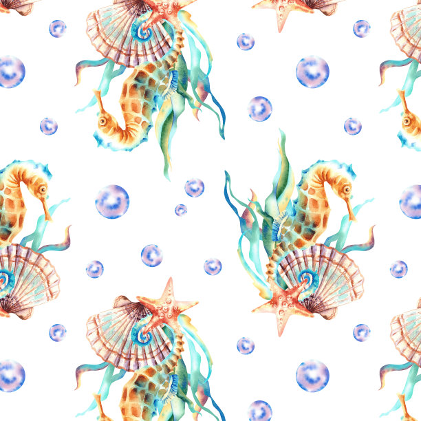 海洋动物的无缝图案。贝壳、海马、海藻、海星。水彩插图。背景。拼贴画。图片下载