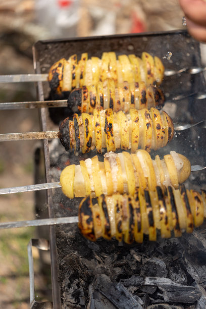 土豆和熏肉放在煤上。户外烹饪、露营图片下载