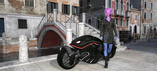 一个带有卷须的粉红色皮肤外星人的插图，旁边是一辆旧世界背景的未来主义摩托车。图片下载