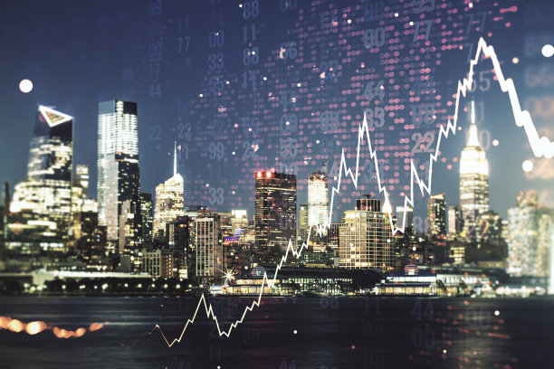 纽约摩天大楼背景、研究和策略概念上抽象创意金融图全息图和世界地图的双重曝光图片下载
