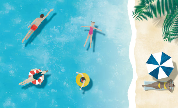 人们在海里游泳，在沙滩上水彩画图片下载