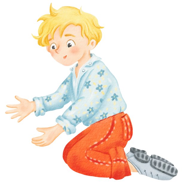 卡通有趣的插图。小男孩微笑着，双膝跪地，伸出双手。穿着蓝色衬衫和橙色裤子的金发少年。可爱的性格。孤立的数字水彩元素图片下载