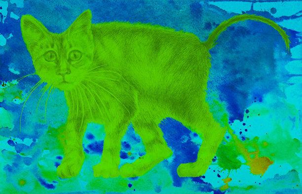插图动物猫画与小猫的水彩画肖像与拱背在一个抽象的背景上蔓延的水彩画在绿色的颜色图片下载