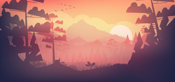 平坦的最小湖与松树林，和山日落图片下载