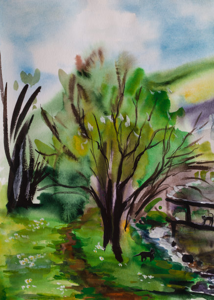 时尚的插图现代艺术印象派我原来的垂直画在纸上的水彩画风景春天的心情森林绿树和草和野花桥在河边遇见两只猫和远处的乡村房子图片下载