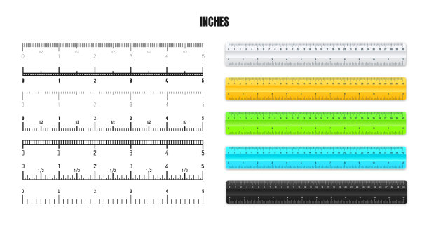 现实的塑料尺子，黑色英寸刻度测量长度或高度。各种测量尺度与划分。尺，卷尺标记，尺寸指示器。矢量图图片下载