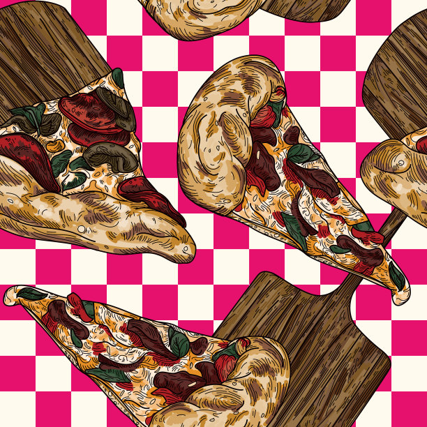 复古的80年代90年代披萨片图案的格子背景图片下载