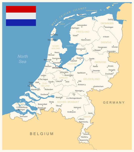 荷兰-有行政区划和国旗的详细地图。矢量图图片下载