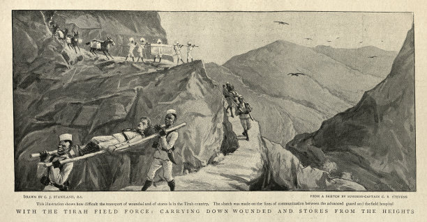 在19世纪的提拉战役中，廓尔喀人抬着提拉野战部队的受伤士兵图片下载