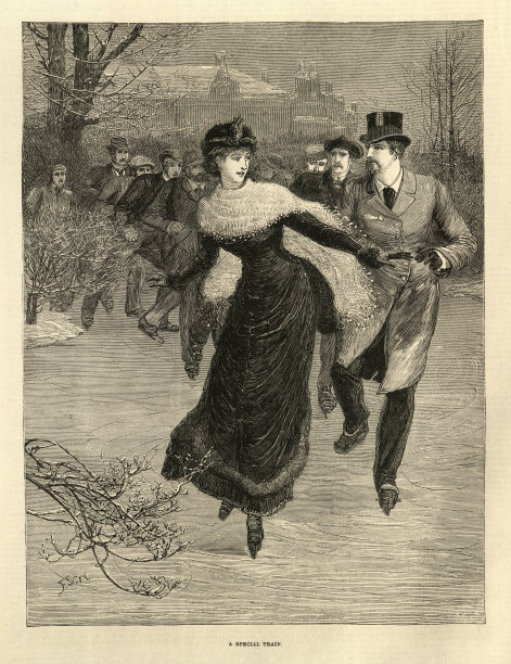 一对情侣在冰冻的湖面上滑冰，伦敦，维多利亚时代的19世纪图片下载