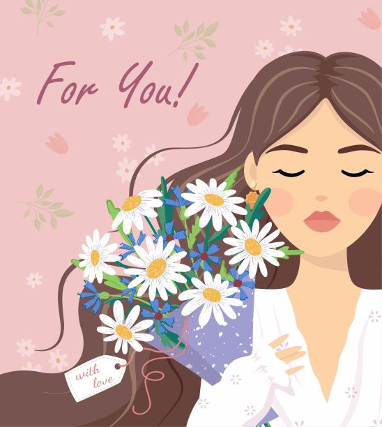 给你。美，礼物，爱情观。年轻女子女孩与花环卡通隐藏在花束菊花在粉红色的背景。妇女节礼物插图。3月8日情人节图片下载