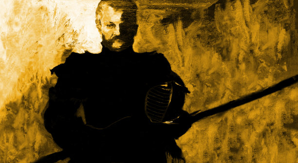 插图肖像的男性战士在骑士盔甲和戟在复古风格在沙漠的深褐色背景图片下载