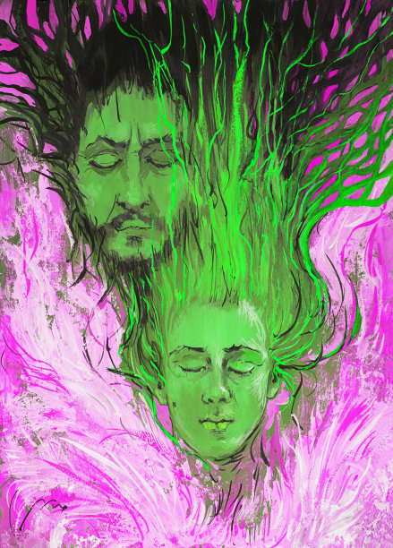 时尚的插画寓言热烈的爱当代艺术作品印象派油画垂直象征性的肖像男女在复古风格的背景上的翅膀的爱和明亮的天空图片下载